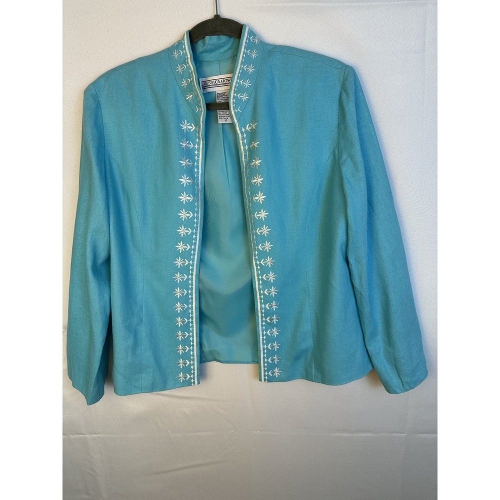 Jessica Howard Women's Sz 10 Aqua White Embroidery Linen Open Front Jacket VTG